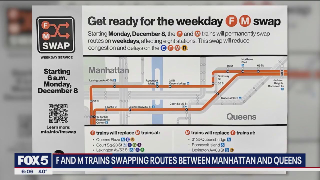 F and M trains to swap routes between Manhattan and Queens starting Monday