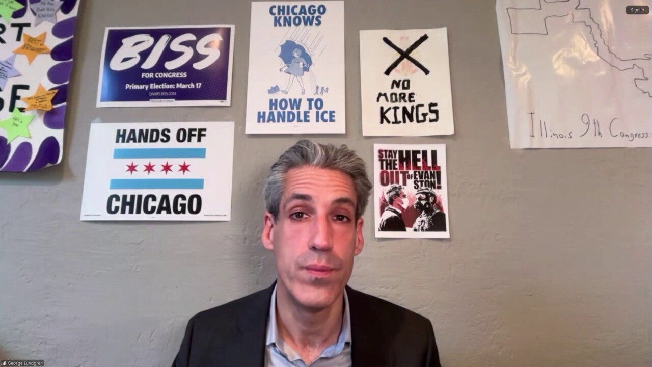 Evanston Mayor Daniel Biss reacts after confronting Border Patrol chief