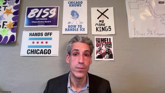 Evanston Mayor Daniel Biss reacts after confronting Border Patrol chief
