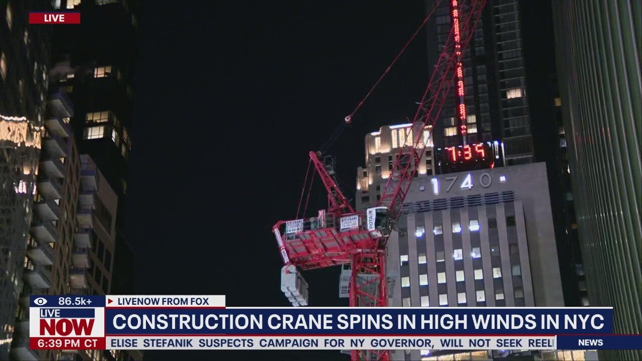 Crane spins in high winds in New York City