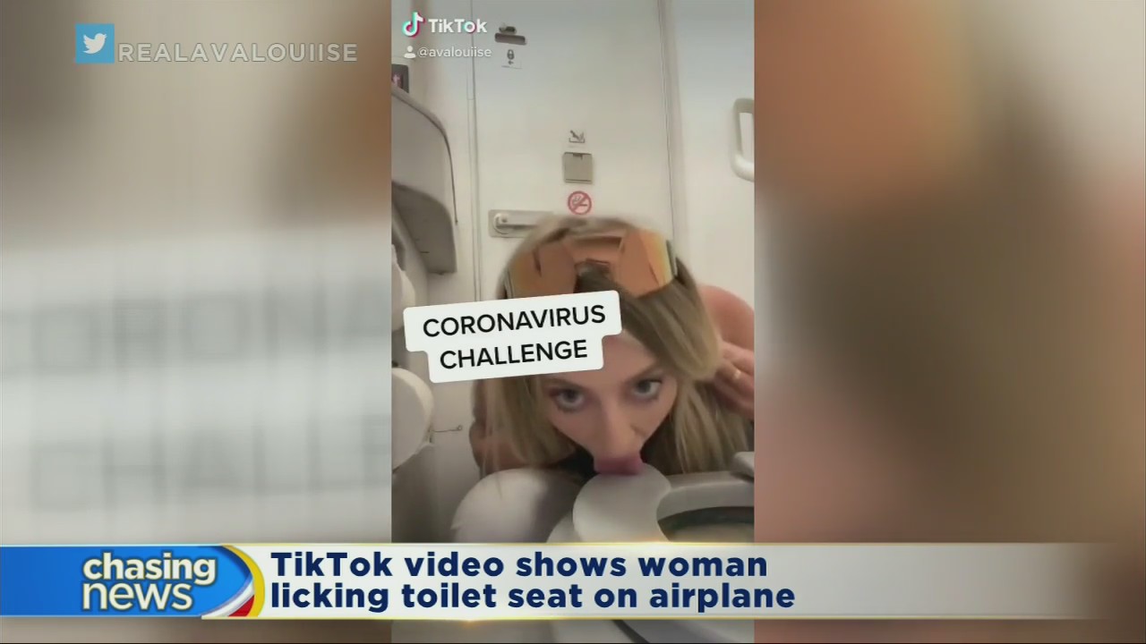 TikTok video shows woman licking toilet seat on an airplane