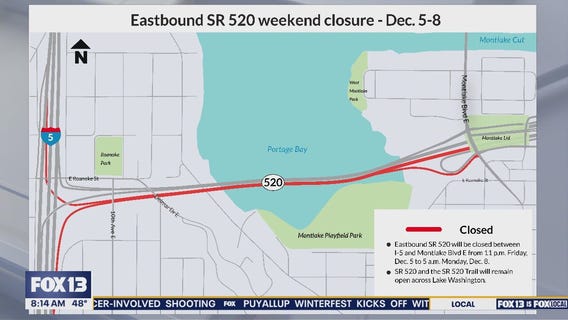 Eastbound SR 520 closed through Monday morning for construction work