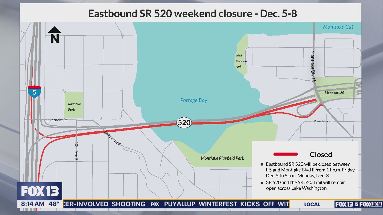 Eastbound SR 520 closed through Monday morning for construction work