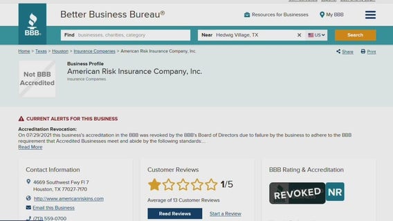 BBB Accreditation revoked for American Risk Insurance