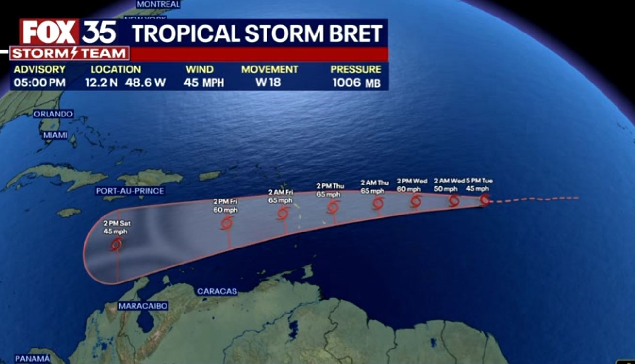 Tropical Storm Bret continues to track west