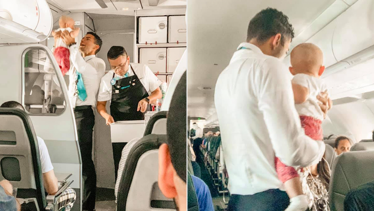 Frontier flight attendant helps calm crying baby