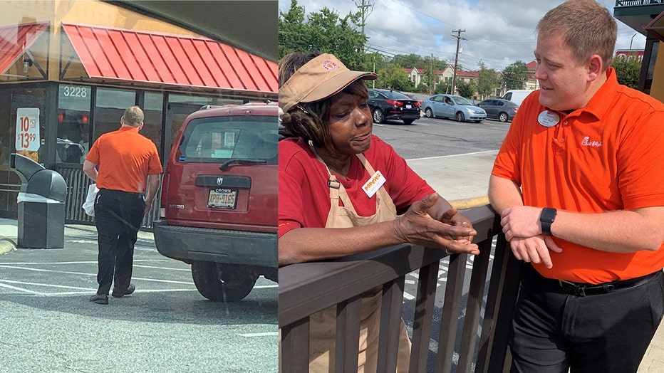 Jené Walker captured a Chick-fil-A employee walking over to a nearby Popeyes and handing out free sandwiches to Popeyes employees.