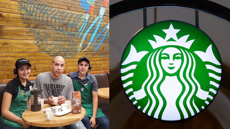 Winter is pictured with two Starbucks baristas at a location in San Cristobal, Guatemala, alongside a file image of a Starbucks sign. (Photo credit: Winter and Omar Marques/SOPA Images/LightRocket via Getty Images)