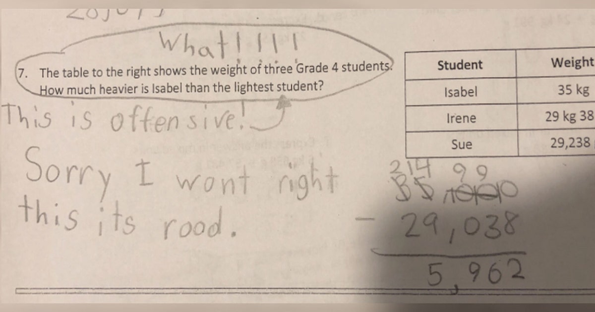 Elementary school student speaks out against math homework question ...