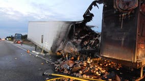 Truck carrying 38,000 lbs of frozen bagels catches fire on Indiana highway