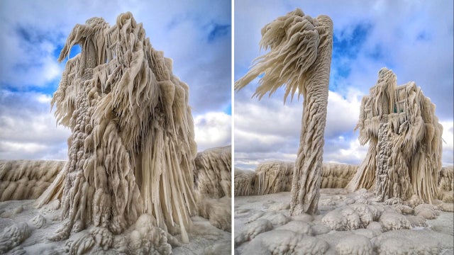 Lamp posts freeze over into stunning images near Lake Erie