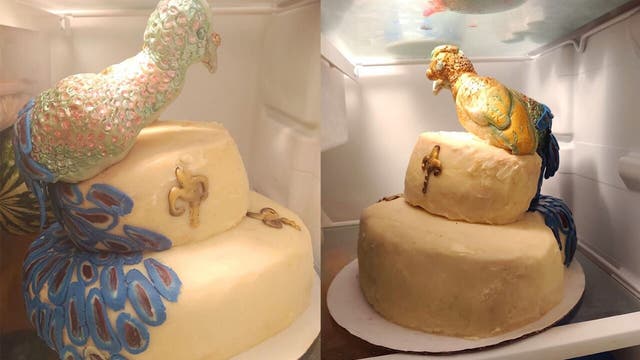 Peacock-themed wedding cake leaves bride furious after baker drops it off: ‘Lopsided turkey with leprosy’