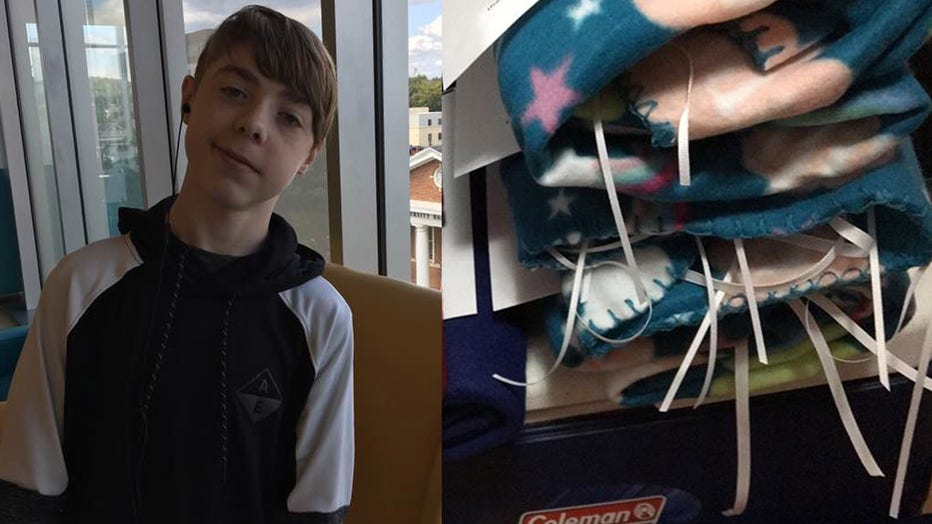 Landen Walker, 15, is pictured in an undated photo, alongside his prayer blankets given to people going through a host of tough situations, including cancer treatment, MS and more. (Photo credit: Provided /Prayers for Landen on Facebook)