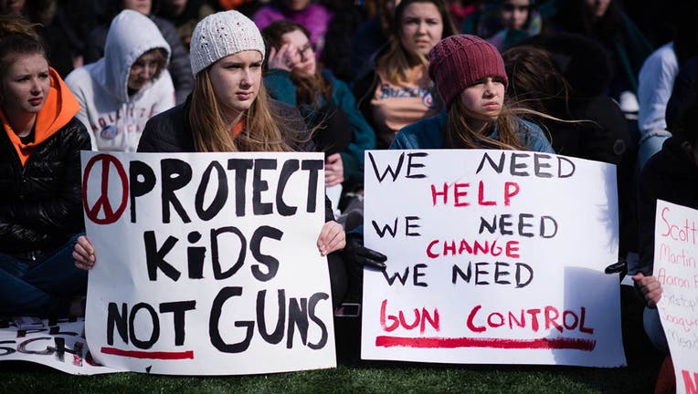 Virginia students, mostly from McLean High School participated in a rally against gun violence on Wednesday morning March 14, 2018 at Lewinsville Park in McLean, VA on the day of the National School Walkout. Sisters, Rachel McCollough, left, and Easton McCollough, both 15 and 10th graders at McLean High School, sat in the front row of the rally. (The Washington Post via Getty Images)