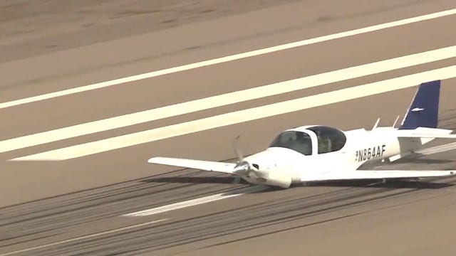 Small plane missing tire, landing gear makes emergency belly-landing at Goodyear Airport
