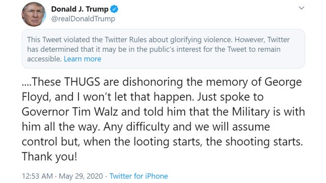 President Trump calls Floyd death 'shocking,' calls protesters 'thugs'; Twitter adds warning to tweet