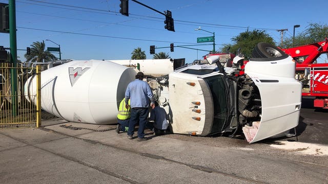One injured in Phoenix cement truck rollover crash