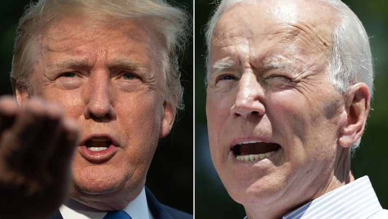 (COMBO) This combination of pictures created on June 11, 2019 shows US President Donald Trump(L) as he departs the White House, in Washington, DC, on June 2, 2019, and former US vice president Joe Biden during the kick off his presidential election campaign in Philadelphia, Pennsylvania, on May 18, 2019. - Donald Trump and his leading Democratic challenger Joe Biden were to deliver dueling speeches on June 11, 2019 across the important 2020 battleground state of Iowa in a foretaste of what promises to be a bad tempered and volatile presidential election. Biden, 76, called his presence in the midwestern state on the same day as Trump, 72, a coincidence. But his speech will aim at the core of the Republican president's narrative, branding Trump