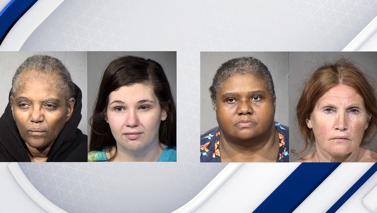Booking photos showing suspects in a case involving the assault of a vulnerable adult. They are identified as, from left to right, Rodina Bailey, Stephanie James, Tena Martinez and Kristen Emerson