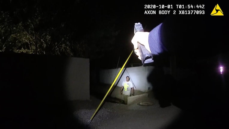 Screenshot from body camera video released by Phoenix Police Department officials, showing the moments before an officer-involved shooting that left suspect Khambrel Dante Sharp injured in rthe area of 44th Street and Camelback Road on September 30, 2020 in Phoenix, Arizona.