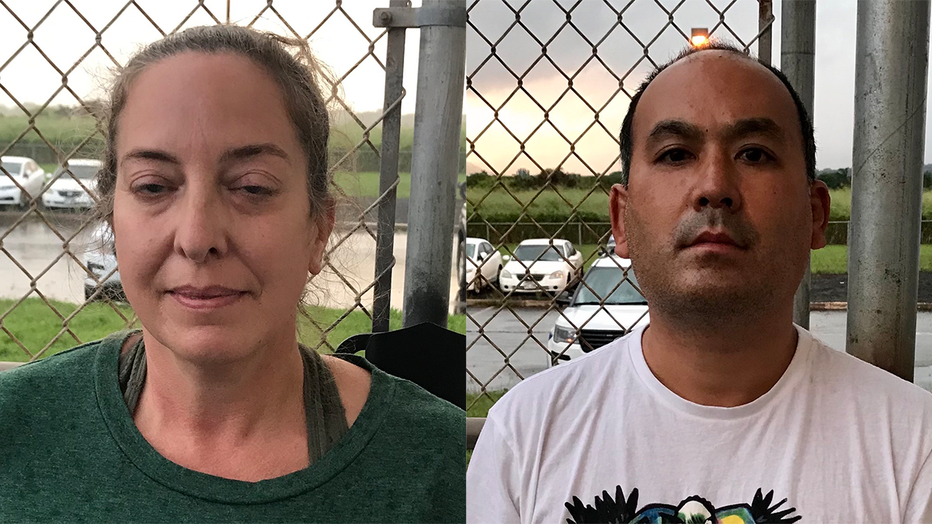 Mugshot of Courtney Peterson (L) and Wesley Moribe (R) taken outdoors due to COVID-19 measures.