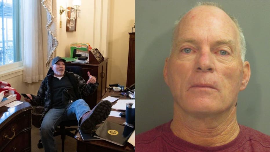 Side-by-side collage of Richard Barnett mug shot and Barnett in Speaker Nancy Pelosi's office.