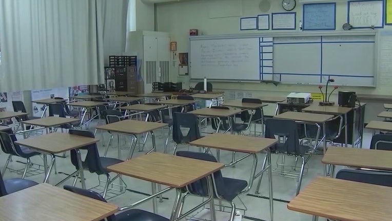Empty desks in a school classroom