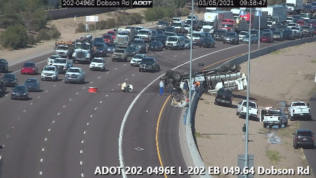 Gas tanker rolls over, spilling fuel on Loop 202 near Dobson