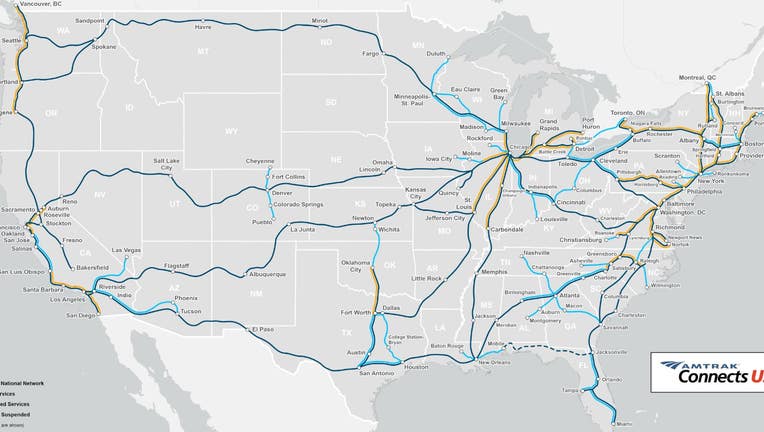 A map of the new routes outlined in Amtrak's 2035 expansion project.