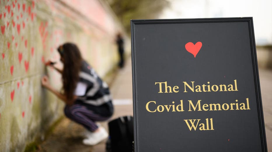 Hearts Are Added To The Covid-19 Memorial Wall In Central London