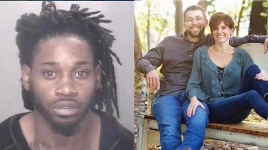 Dejywan R. Floyd, 29, is pictured in a provided booking image, alongside a photo of Ryan and Julie Eberly. (Photo credit: Robeson County Sheriff's Office / Eberly family)