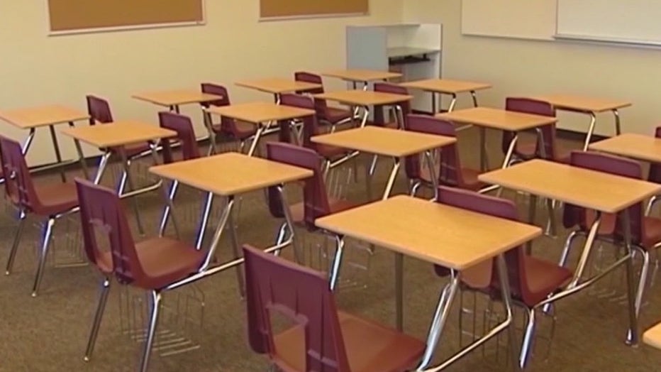 Rows of desks in a classroom