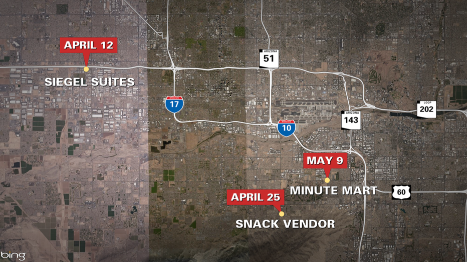 A map showing where the armed robberies occurred