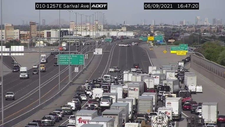 A view of the freeway closure on the I-10 near Estrella Parkway.