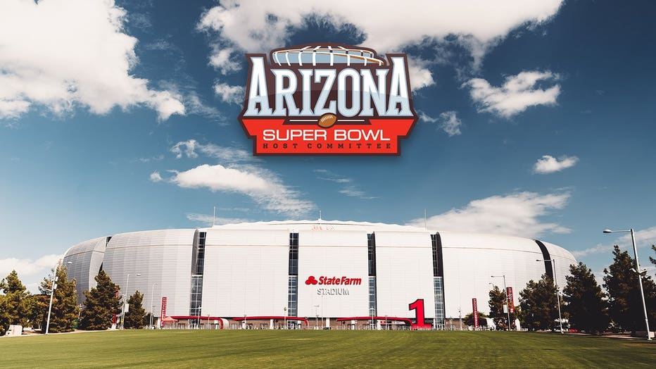 The Arizona Super Bowl Host Committee's logo above State Farm Stadium in Glendale.