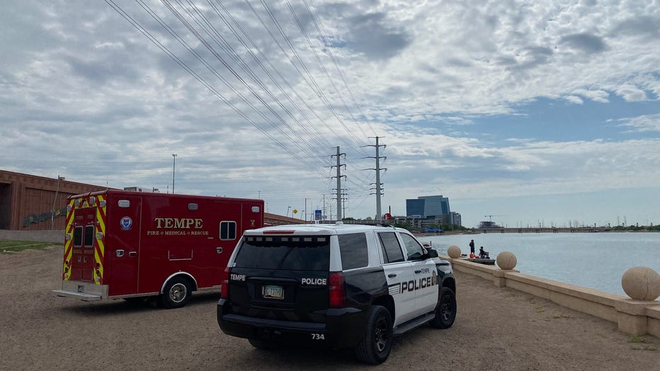 Tempe fire truck, police car at Tempe Town Lake