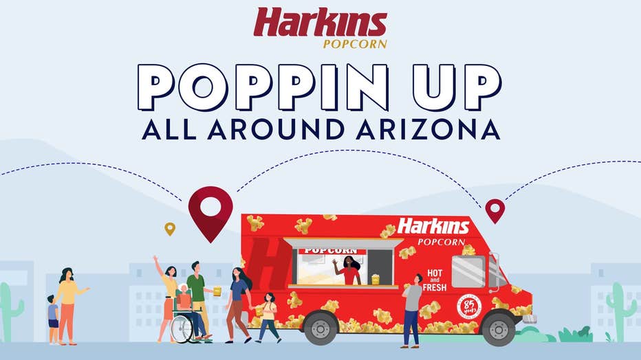 A graphic promoting the Harkins Popcorn Truck.