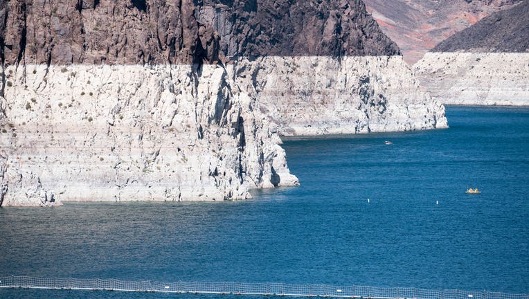 The bath tub rings around Lake Mead show how far the water level has dropped.
