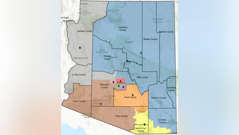 A grid map of the Arizona congressional districts with county boundaries displayed.