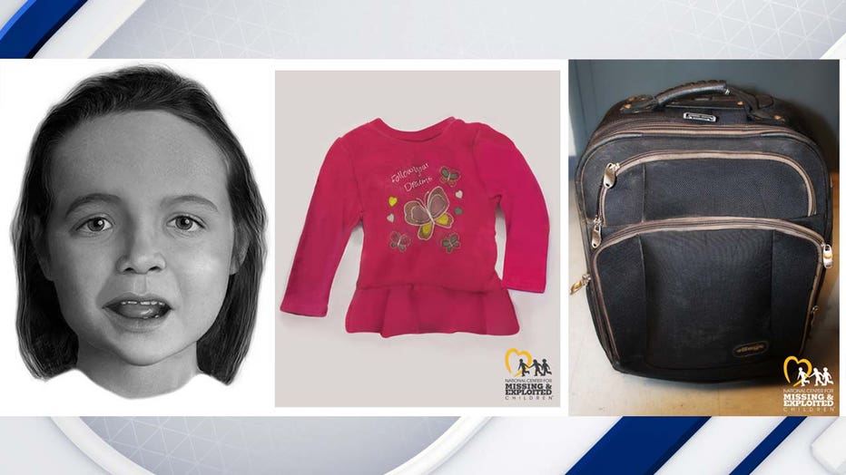 A sketch of the child, the dress she was found with and the suitcase.