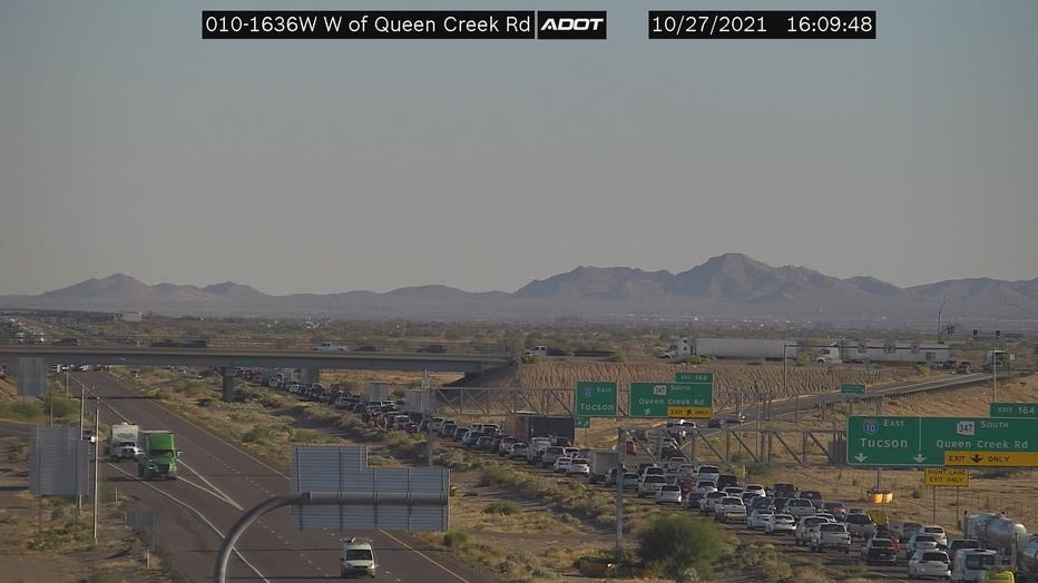 Traffic backup on Interstate 10 due to a crash near Queen Creek Road.