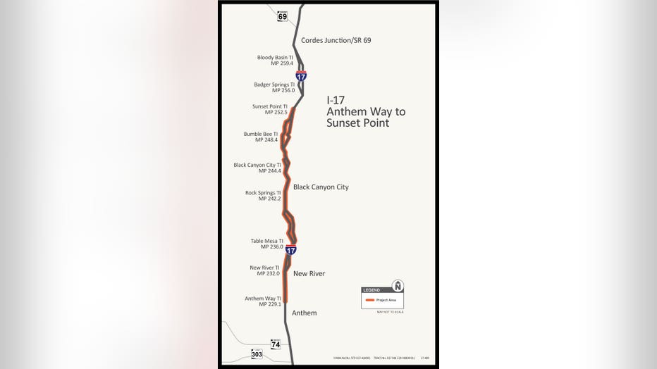 A map denoting where the I-17 Improvement Project would take place between Anthem and Black Canyon City.