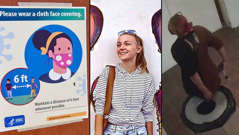 Photo collage: Centers for Disease Control and Prevention COVID-19 flyer (Ben Hasty/MediaNews Group/Reading Eagle via Getty Images), image of Gabby Petito (@petitojoseph/Instagram) and a woman captured using the restroom outside of an apartment complex, said to be a DoorDash driver