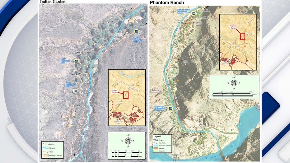 Maps showing the affected restrooms n the Grand Canyon, at Indian Garden and Phantom Ranch
