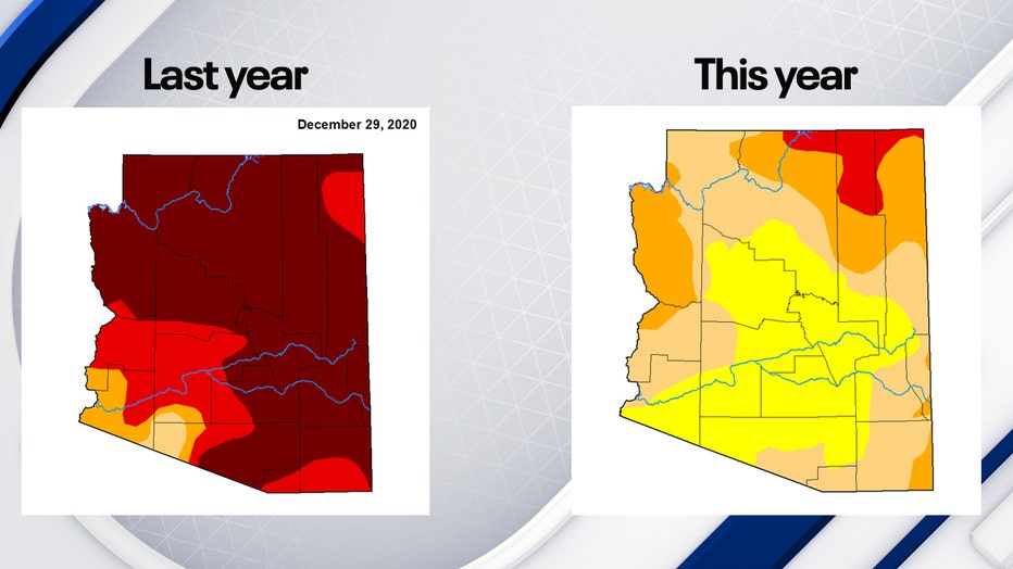 The drought is getting better for the Phoenix-metro area as seen in these two maps. The map on the left is from 2020 and the map on the right is from 2021.