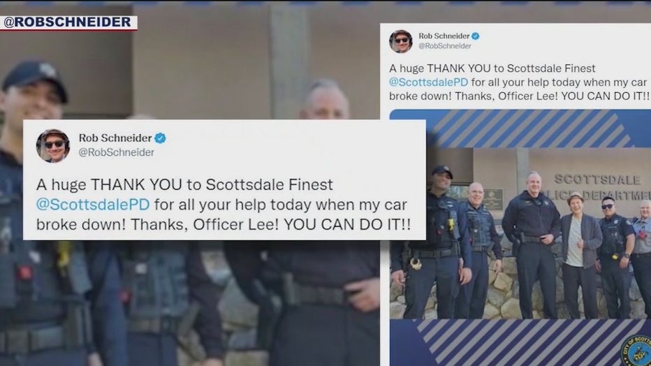 The Scottsdale Police Department is getting a big thank you from comedian and actor, who also calls Arizona his home, Rob Schneider, after his car broke down on the side of the road.