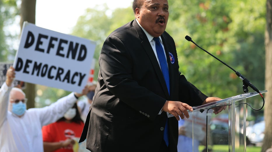 Drum Major Institute co-founder and chairman of the board Martin Luther King III addresses a 'Let's Finish the Job for the People' rally near the U.S. Capitol on September 14, 2021 in Washington, DC.