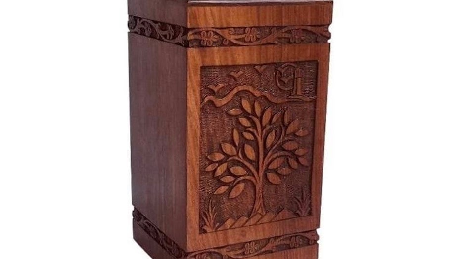 Box made of pinewood where Glenda Cota husband's ashes are stored. They were stolen in Chandler, Arizona. The box is labeled with the name Jason Derek Affolter.