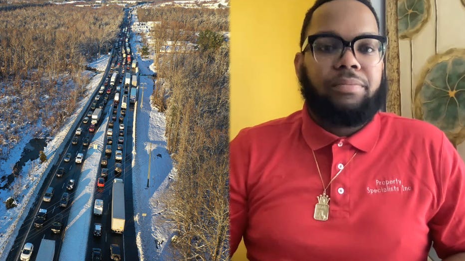 (L) In an aerial view, traffic creeps along Virginia Highway 1 after being diverted away from I-95 after it was closed due to a winter storm on Jan. 4, 2022, near Fredericksburg, Virginia. (R) DaVante Williams, an Uber drier who became stranded with a teenage passenger for hours on I-95, is also pictured. (Photo by Chip Somodevilla/Getty Images)
