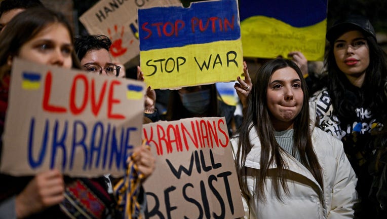 Ukrainians demonstrate outside the Russian Embassy against the recent invasion to Ukraine on February 23, 2022 in London, England. (Photo by Jeff J Mitchell/Getty Images)